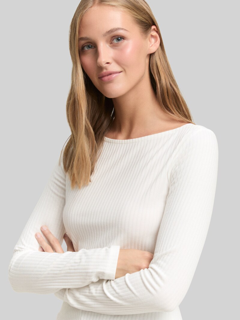 Tom Tailor Slim Fit Langarmshirt mit U-Boot-Ausschnitt - Off White