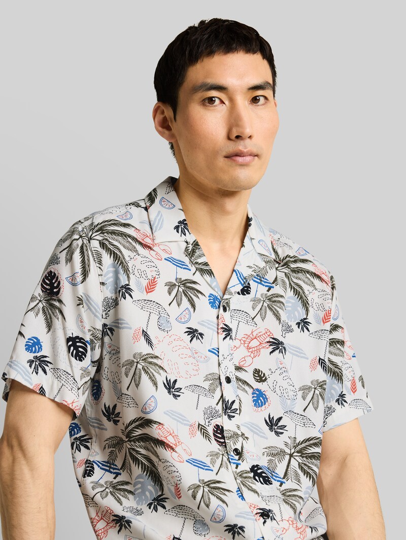 Tom Tailor Regular Fit Resort Kurzarmhemd aus Viskose - Off White Beach Design