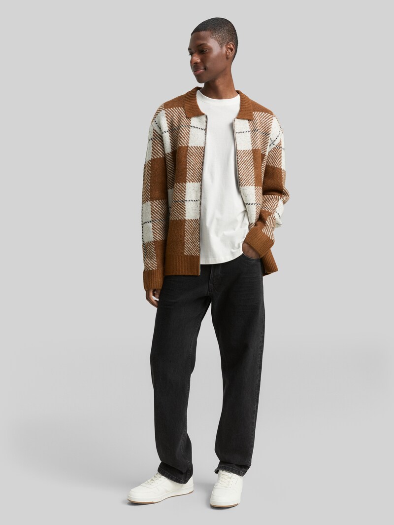 Tom Tailor Relaxed Fit Strickjacke mit Karomuster - Brown Offwhite Big Check