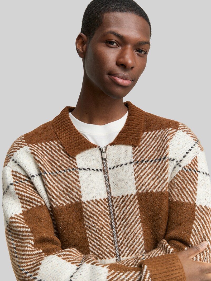 Tom Tailor Relaxed Fit Strickjacke mit Karomuster - Brown Offwhite Big Check
