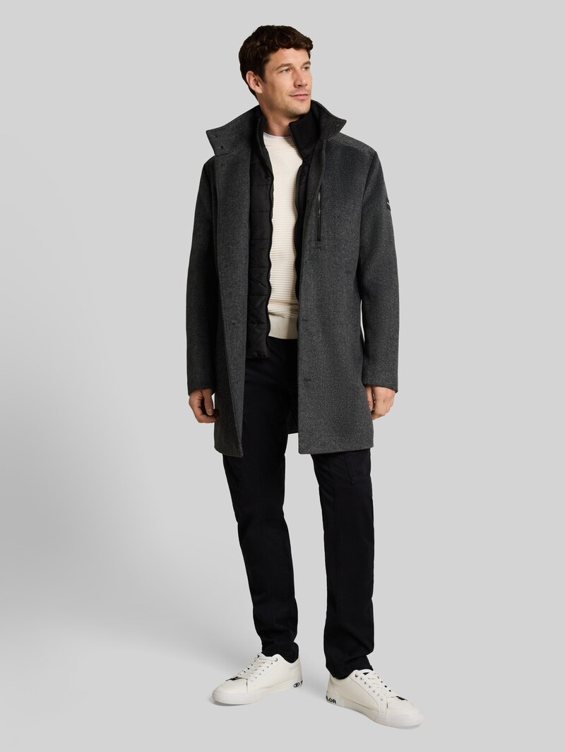 Tom Tailor 2-in-1 Wollmantel mit abnehmbarem Einsatz - Dark Grey Black Herringbone