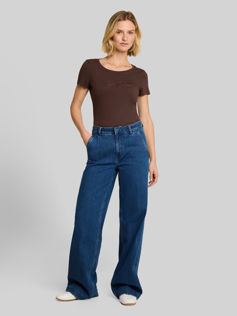 Tom Tailor T-Shirt mit Glitzer-Logo - Java Dark Brown