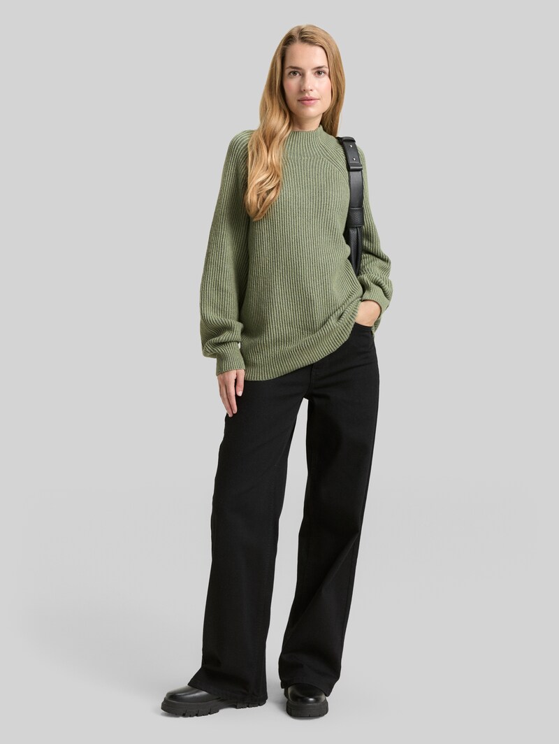 Tom Tailor Gerippter Pullover mit Stehkragen - Pale Bark Green Rib Structure
