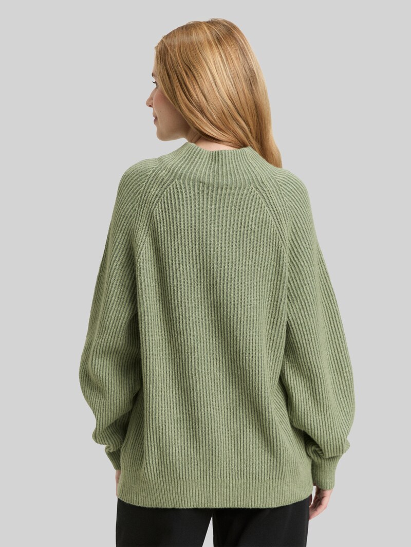 Tom Tailor Gerippter Pullover mit Stehkragen - Pale Bark Green Rib Structure