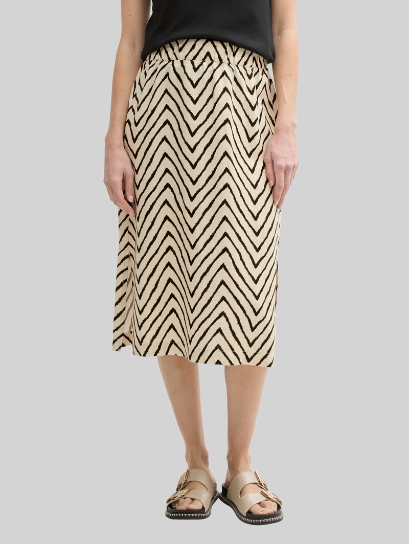 Tom Tailor High Waist Midi-Rock mit Leinenanteil - Natural Zig Zag Design