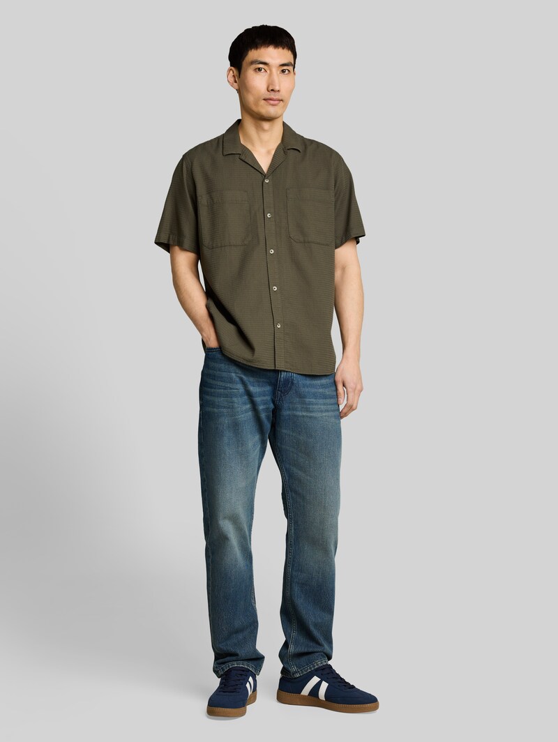 Tom Tailor Regular Fit Resort Hemd mit Waffelstruktur - Deep Leaf Green