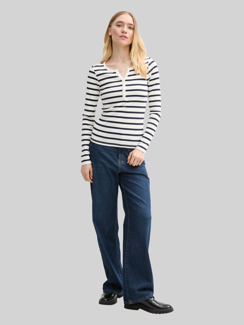 Tom Tailor Slim Fit Henley Langarmshirt - White Navy Stripe
