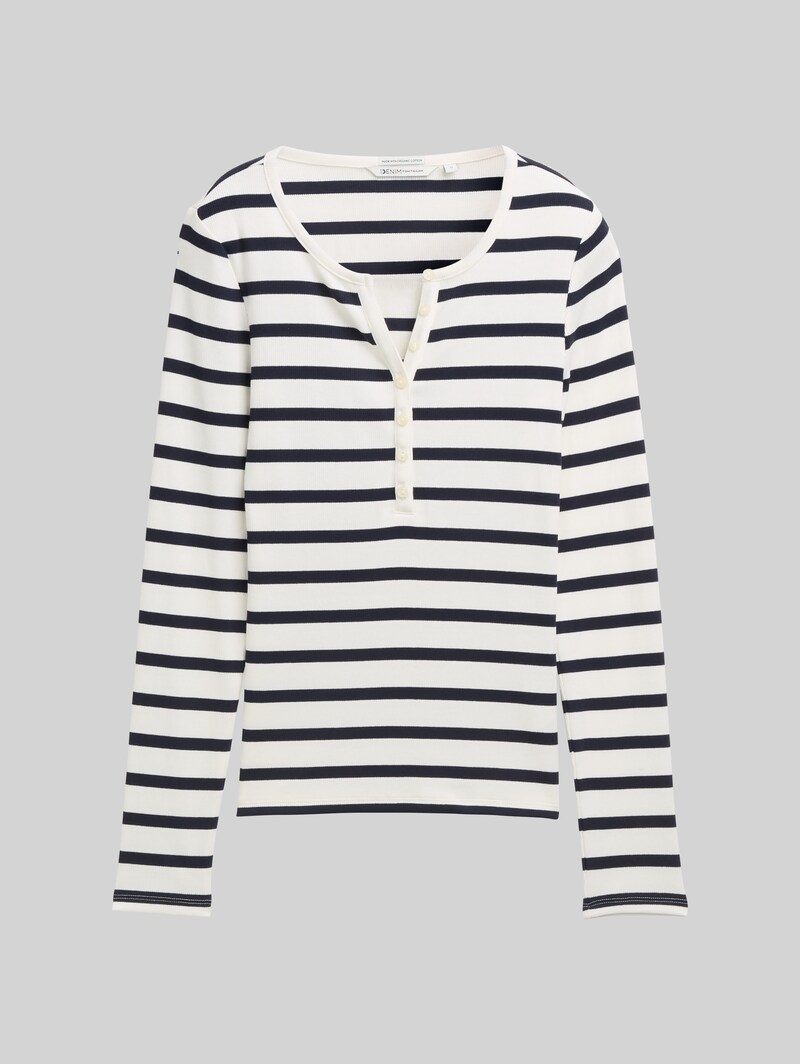 Tom Tailor Slim Fit Henley Langarmshirt - White Navy Stripe