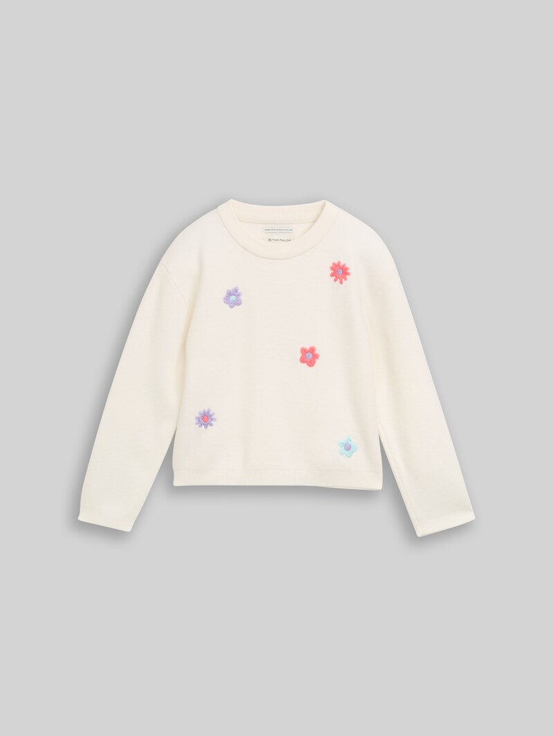 Tom Tailor Strickpullover mit Blumen-Stickerei - Gardenia White