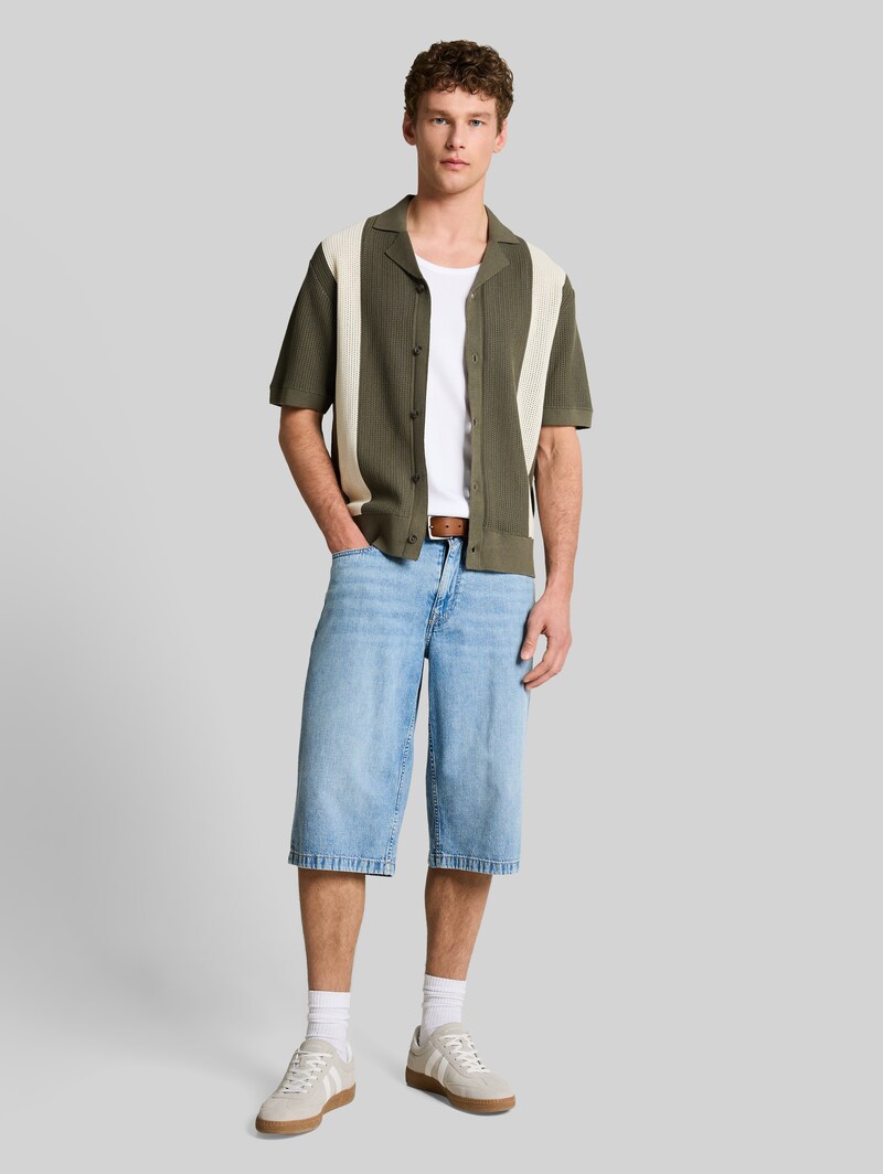 Tom Tailor Strickhemd mit Resort Kragen und Knopfleiste - Faded Green White Colorblock