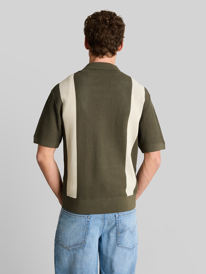 Tom Tailor Strickhemd mit Resort Kragen und Knopfleiste - Faded Green White Colorblock
