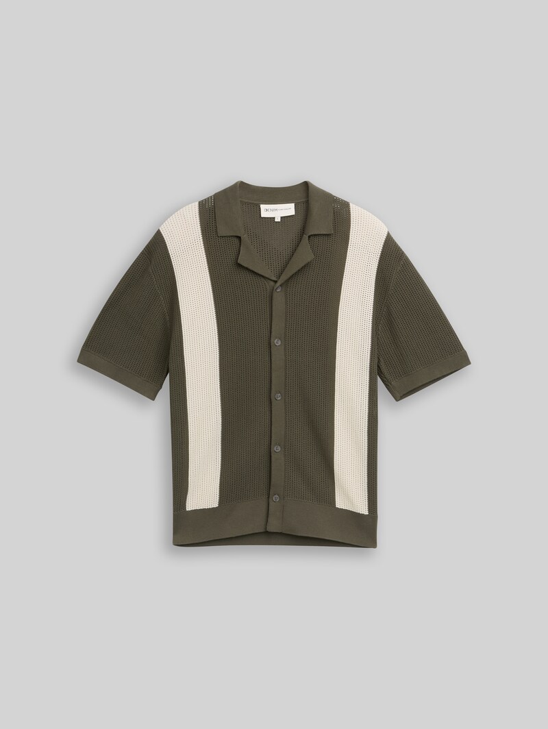 Tom Tailor Strickhemd mit Resort Kragen und Knopfleiste - Faded Green White Colorblock
