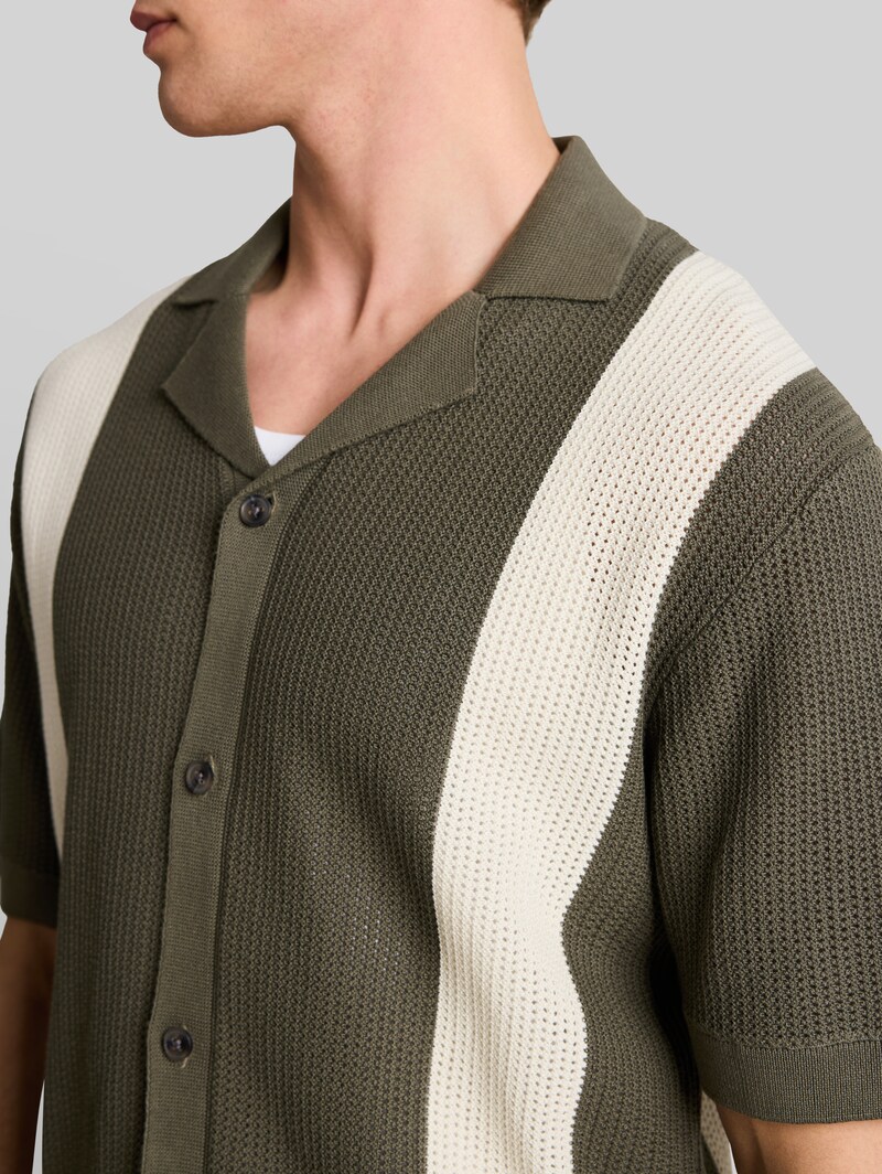 Tom Tailor Strickhemd mit Resort Kragen und Knopfleiste - Faded Green White Colorblock