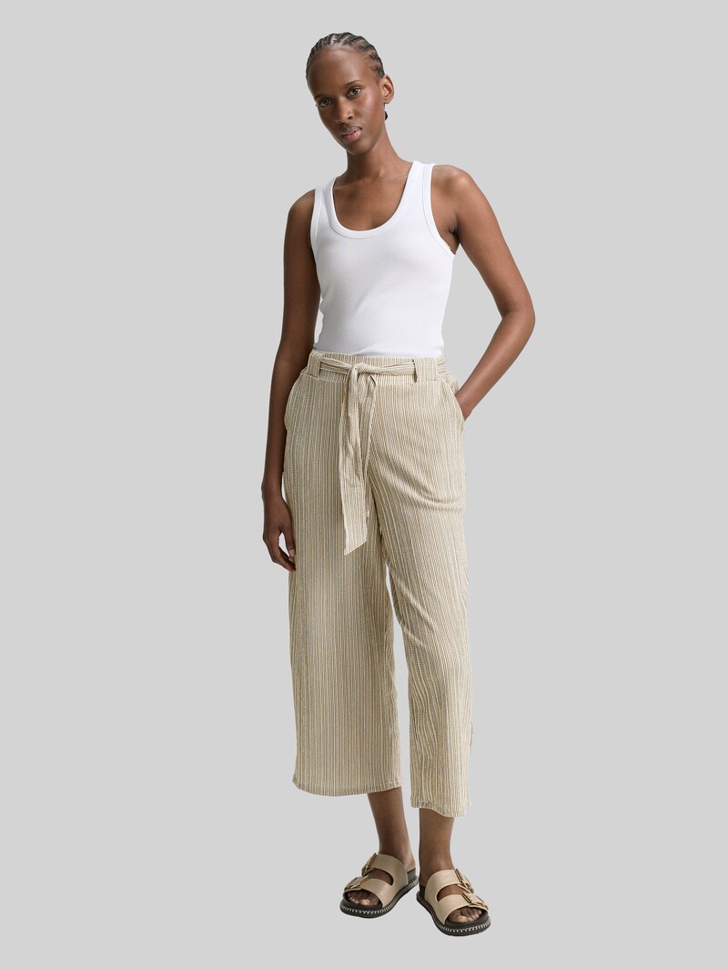 Tom Tailor High Waist Culotte Hose mit Bindegürtel - Vertical Green White Stripe