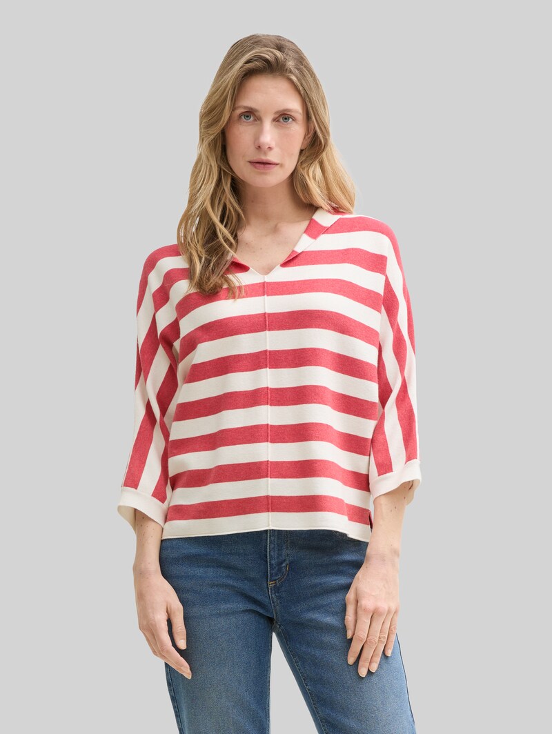 Tom Tailor Loose Fit Strickpullover mit Kapuze - Red Melange Block Stripe Tom Tailor Loose Fit Strickpullover mit Kapuze - Red Melange Block Stripe