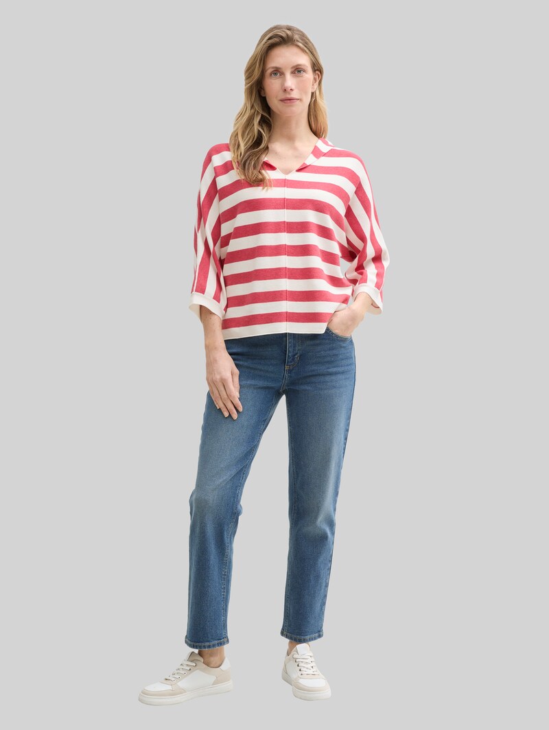 Tom Tailor Loose Fit Strickpullover mit Kapuze - Red Melange Block Stripe