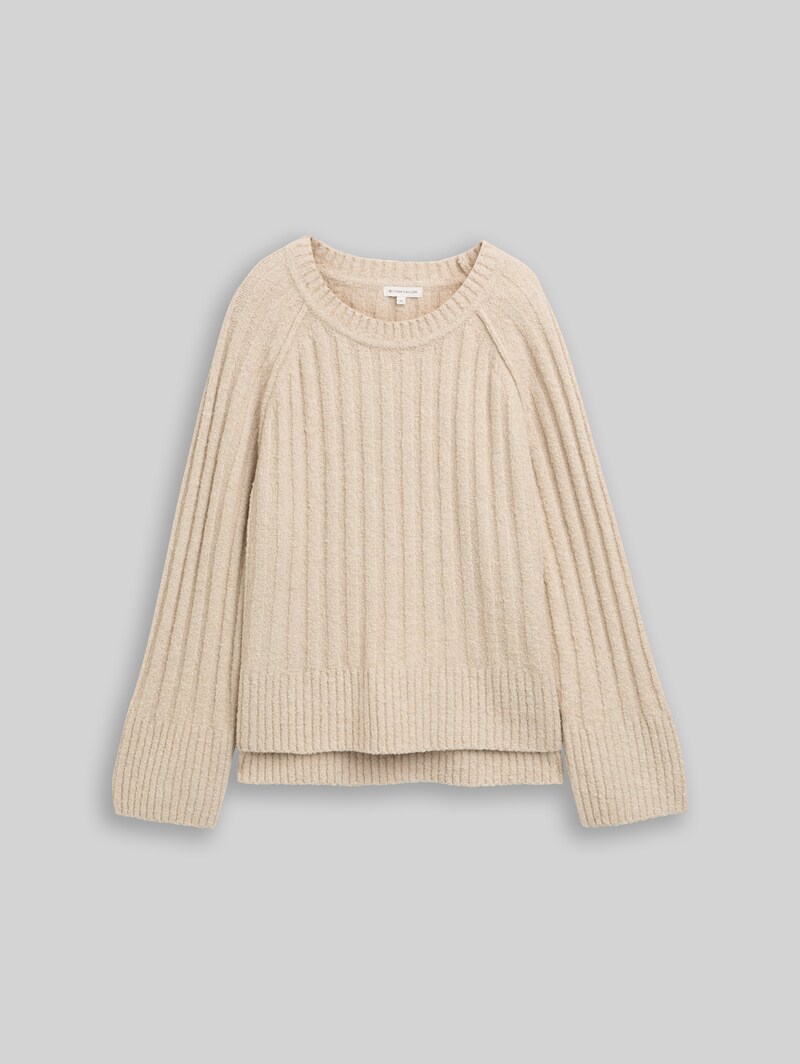 Tom Tailor Bouclé Strickpullover mit Wollanteil - Sand Stone Beige Melange