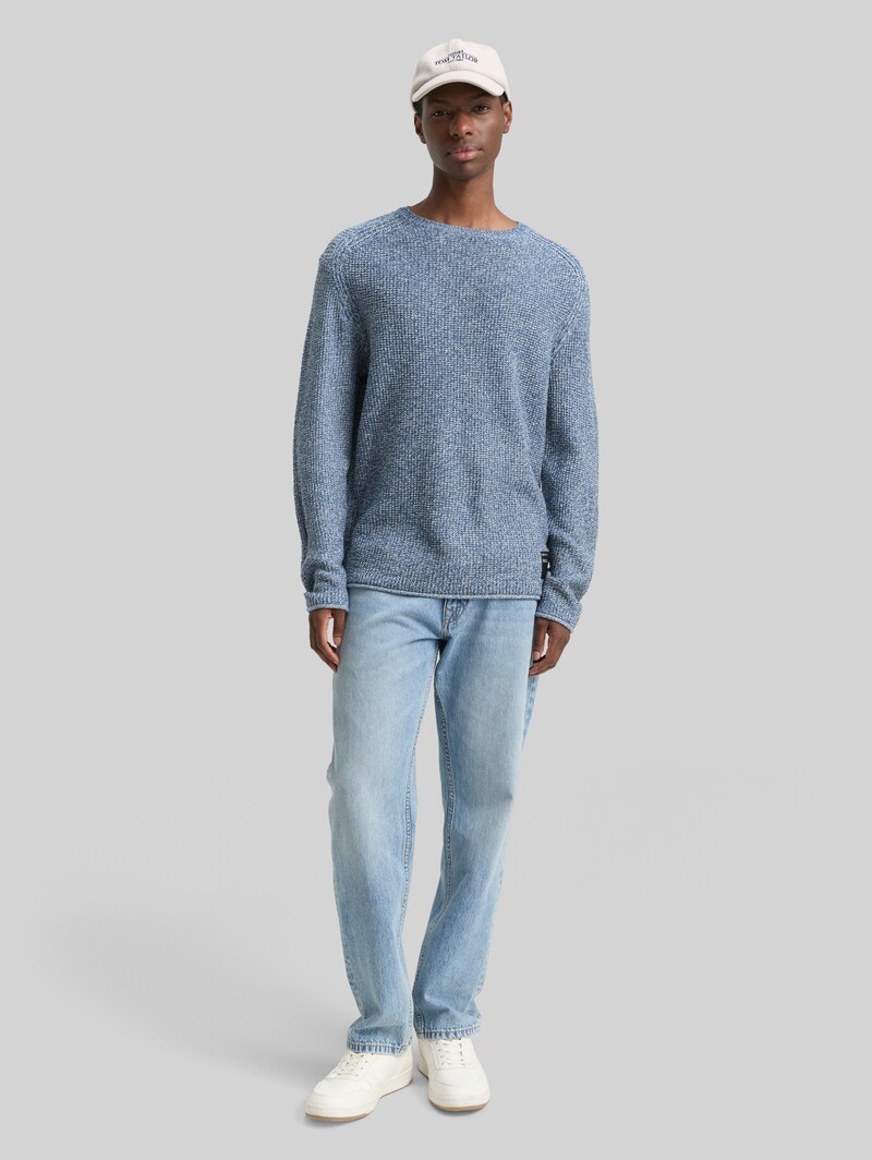 Tom Tailor Strickpullover in Melange-Optik - Denim Blue White Mouline