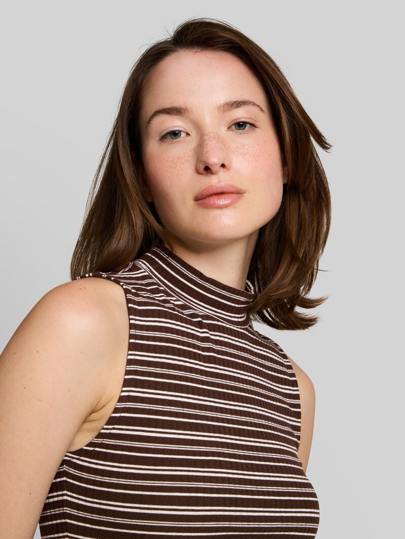 Tom Tailor Slim Fit Top mit Stehkragen - Brown White Stripe
