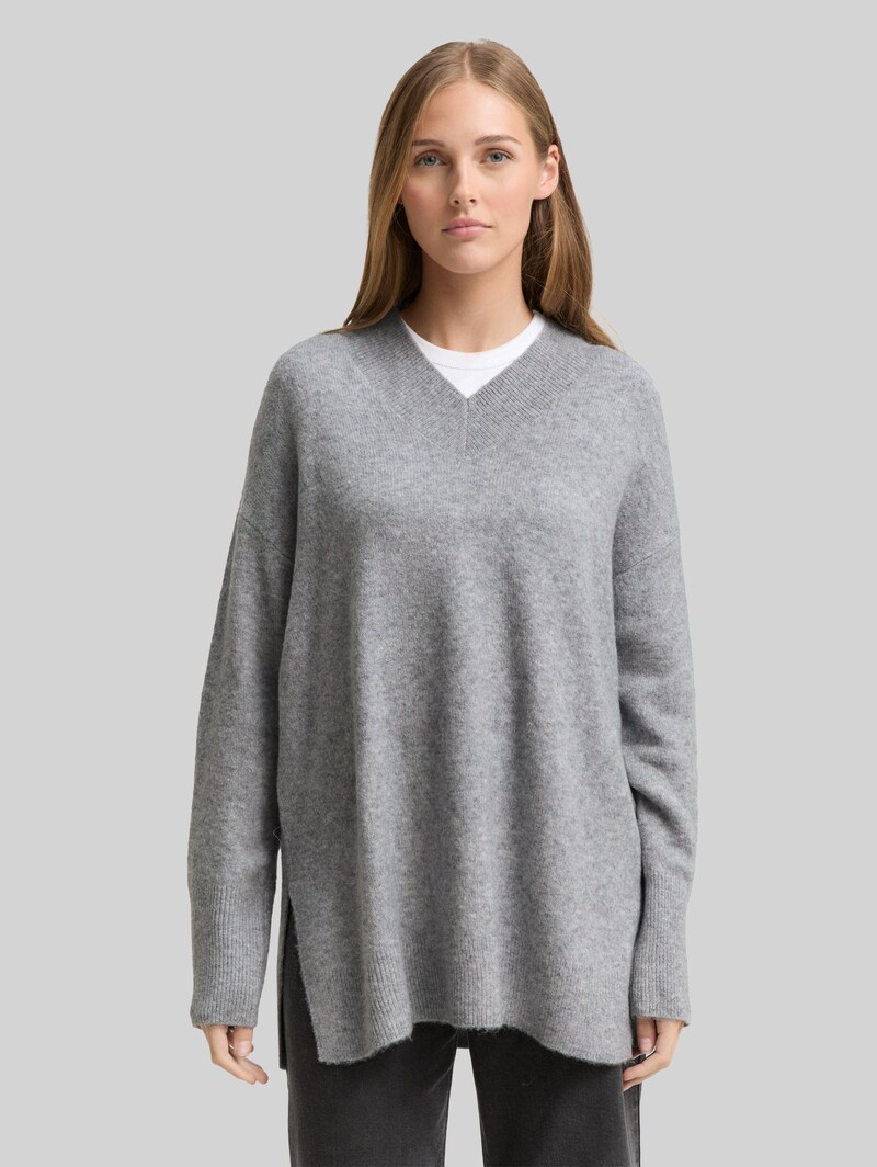 Tom Tailor Longstyle Strickpullover mit V-Ausschnitt - Cement Grey Mélange Tom Tailor Longstyle Strickpullover mit V-Ausschnitt - Cement Grey Mélange