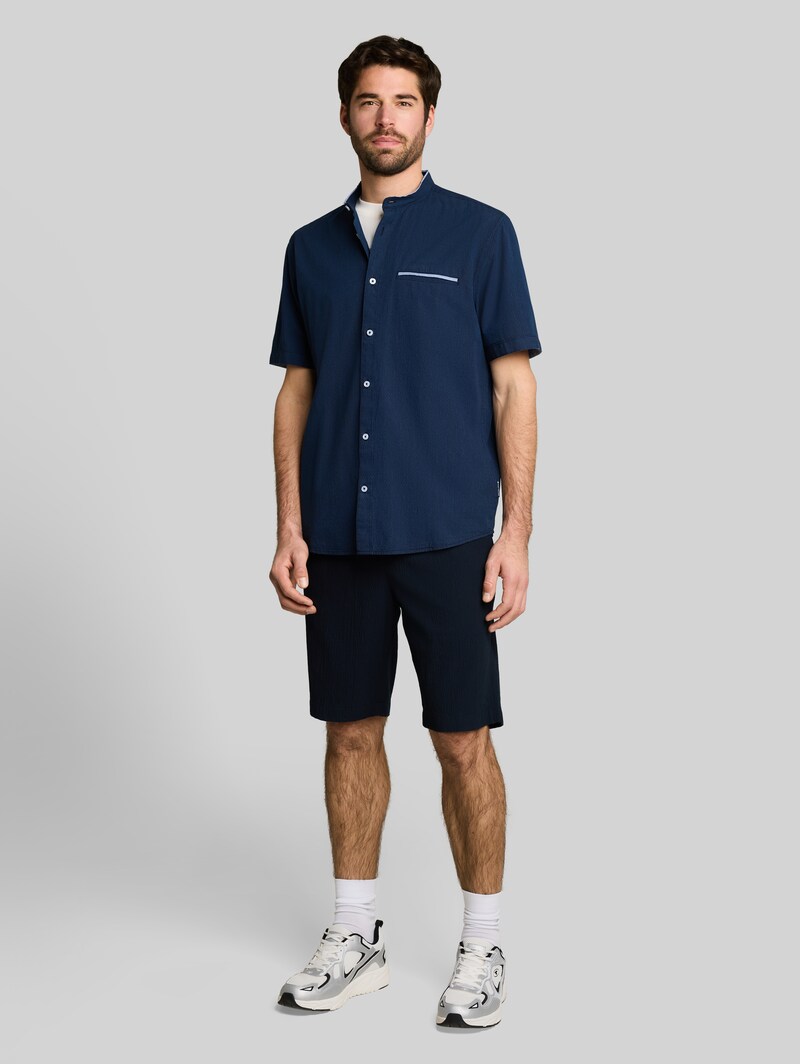 Tom Tailor Regular Fit Kurzarmhemd mit Stehkragen - Navy Small Stripe