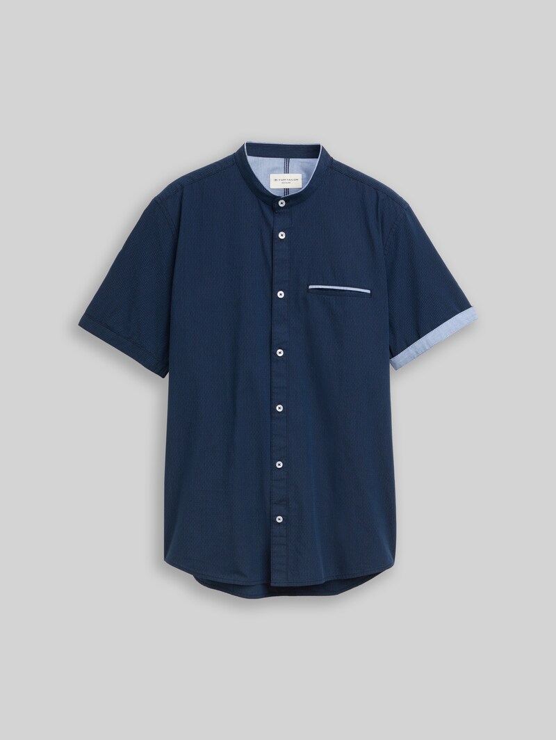 Tom Tailor Regular Fit Kurzarmhemd mit Stehkragen - Navy Small Stripe