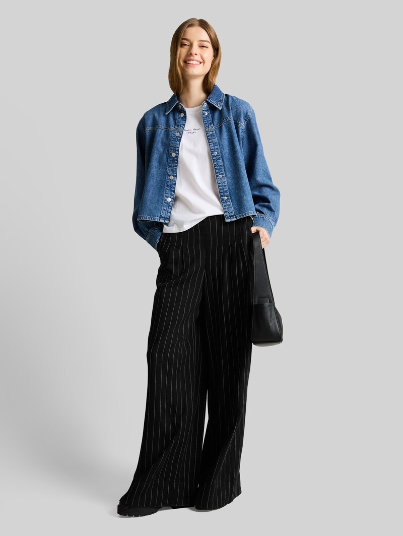 Tom Tailor Wide Leg Hose mit Leinenanteil - Black Beige Vertical Stripe