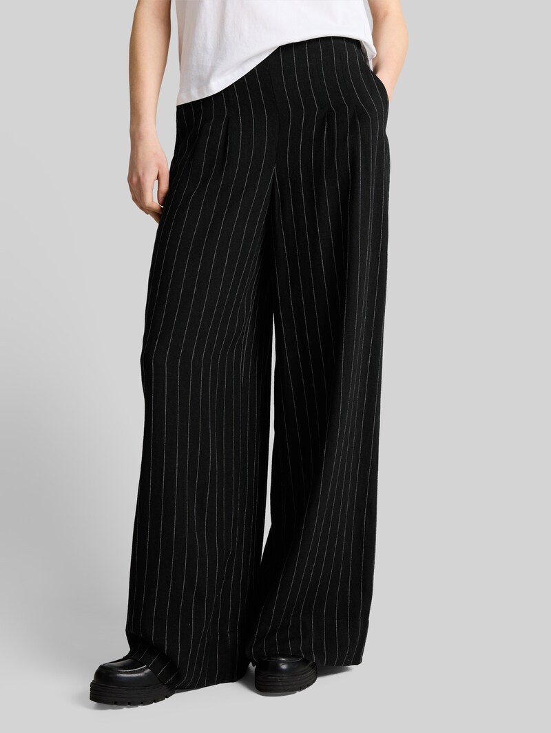 Tom Tailor Wide Leg Hose mit Leinenanteil - Black Beige Vertical Stripe