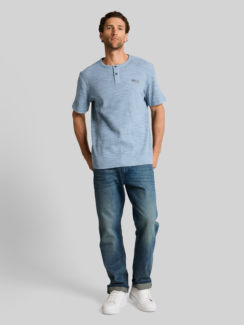Tom Tailor Henley T-Shirt in Melange-Optik - Blue Grey Waffle Inject