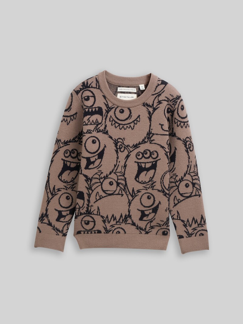 Tom Tailor Strickpullover mit Allover-Print - Dark Blue Monster Knit Design