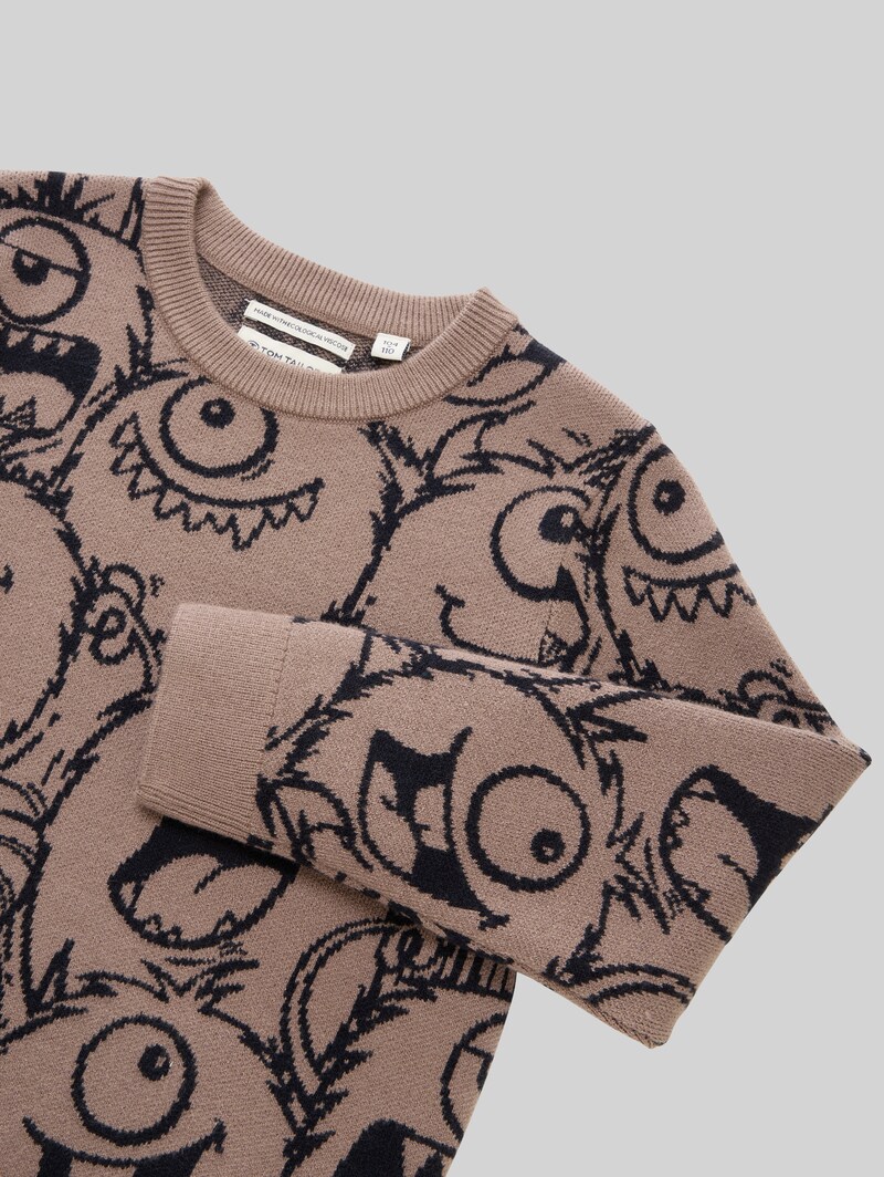 Tom Tailor Strickpullover mit Allover-Print - Dark Blue Monster Knit Design