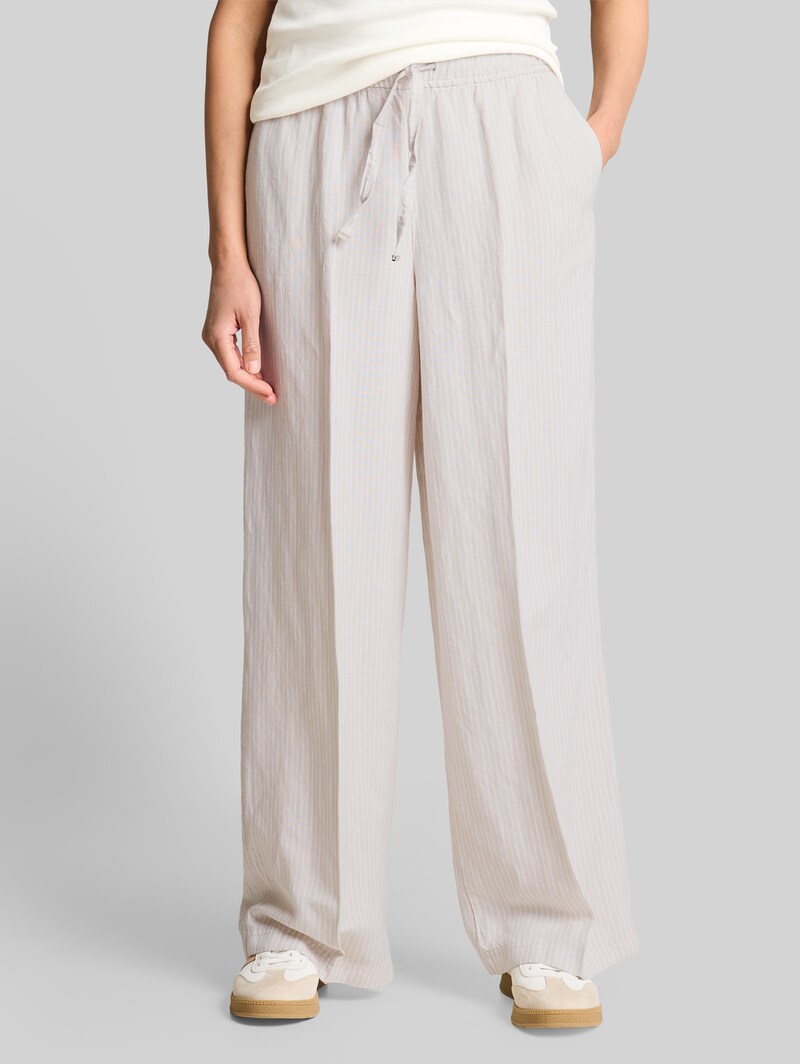 Tom Tailor Loose Fit Hose mit Leinenanteil - Taupe White Irregular Stripe