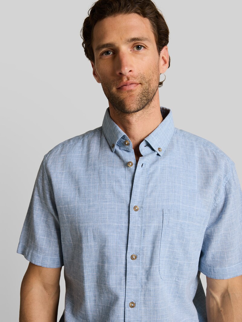 Tom Tailor Regular Fit Kurzarmhemd mit Leinenanteil - Bleeched Blue Check