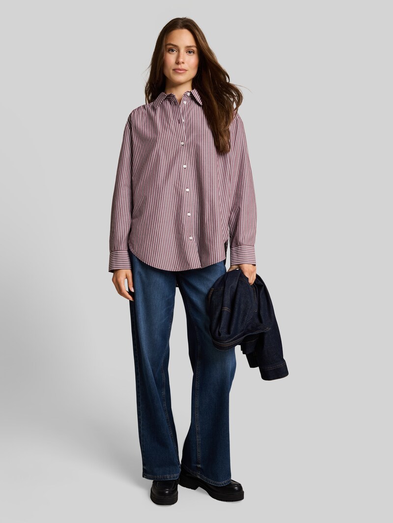 Tom Tailor Loose Fit Popeline Hemdbluse - Preppy Plum White Stripe