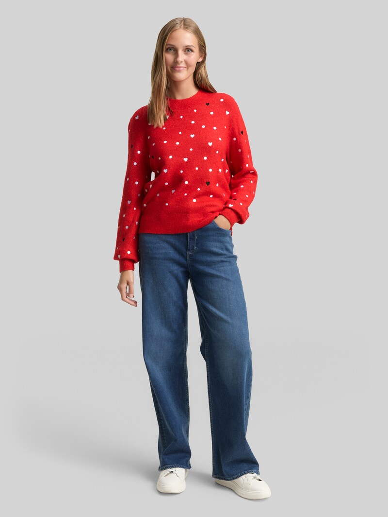 Tom Tailor Relaxed Fit Strickpullover mit Stickereien - Red With Hearts