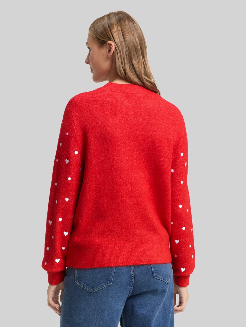 Tom Tailor Relaxed Fit Strickpullover mit Stickereien - Red With Hearts