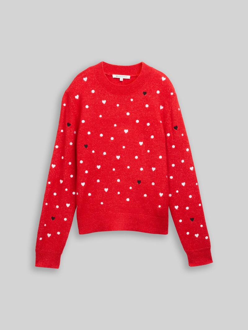 Tom Tailor Relaxed Fit Strickpullover mit Stickereien - Red With Hearts