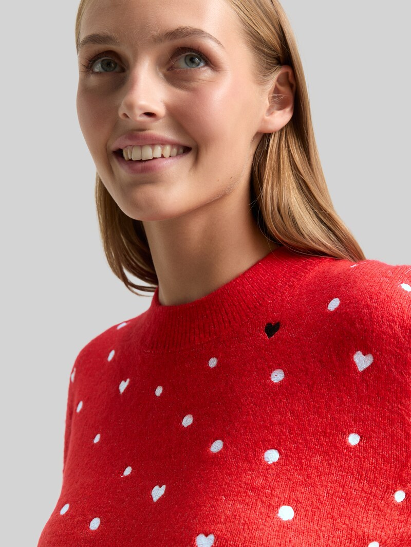 Tom Tailor Relaxed Fit Strickpullover mit Stickereien - Red With Hearts