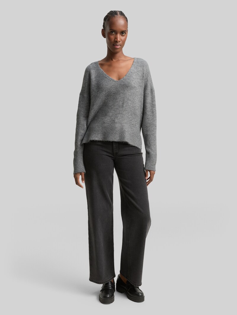 Tom Tailor Relaxed Fit Strickpullover mit V-Ausschnitt - Stormy Gray Melange