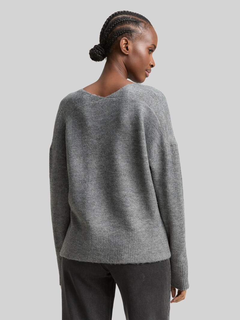 Tom Tailor Relaxed Fit Strickpullover mit V-Ausschnitt - Stormy Gray Melange