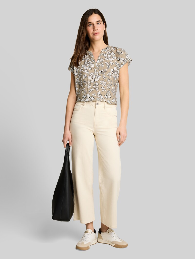 Tom Tailor Loose Fit Bluse mit V-Ausschnitt - Olive Big Flower Design