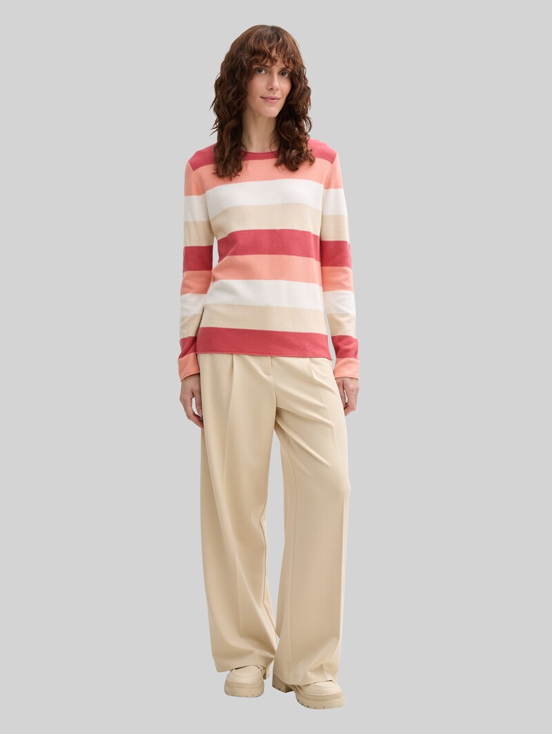 Tom Tailor Strickpullover mit Rundhalsausschnitt - Red Apricot Block Stripe