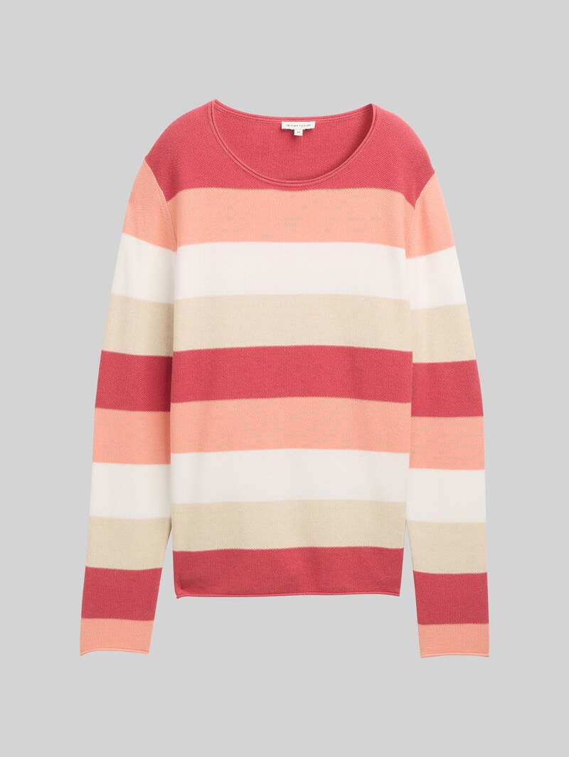 Tom Tailor Strickpullover mit Rundhalsausschnitt - Red Apricot Block Stripe