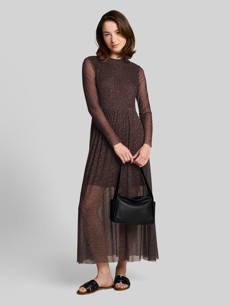 Tom Tailor Fitted Mesh Midi-Kleid mit Animal-Print - Brown Black Leo Print