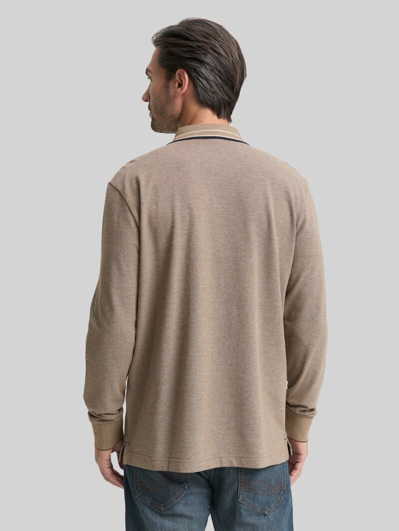 Tom Tailor Langarm Piqué Poloshirt mit Logo-Print - Brown Cashew Beige Two Tone