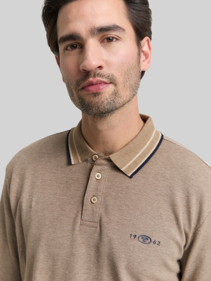 Tom Tailor Langarm Piqué Poloshirt mit Logo-Print - Brown Cashew Beige Two Tone