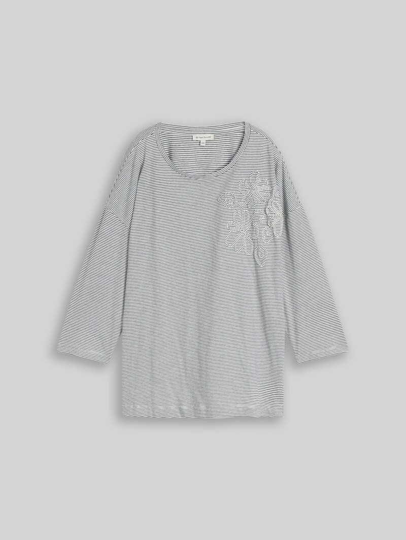 Tom Tailor Plus Size - Loose Fit T-Shirt mit Blumen-Applikation - Small White Navy Stripe