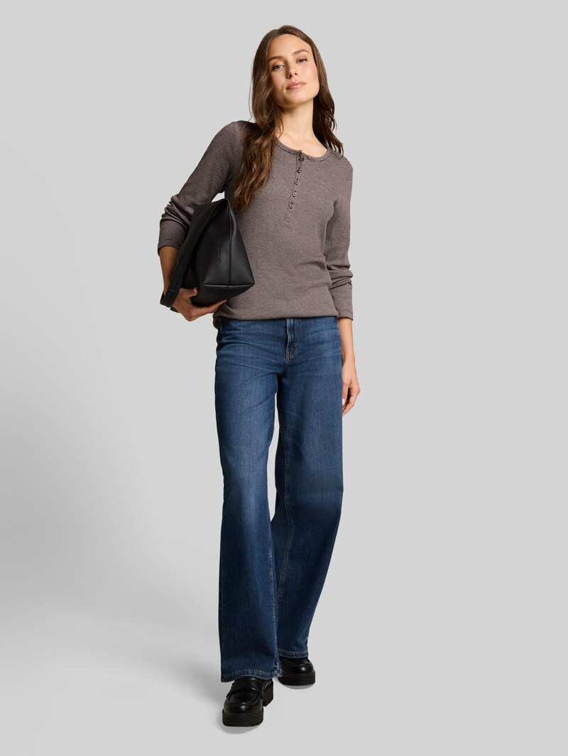 Tom Tailor Henley Langarmshirt mit Rippstruktur - Java Brown Offwhite Stripe