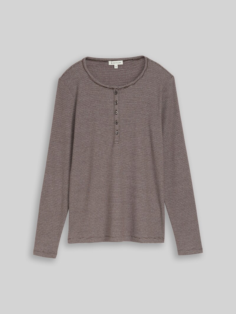 Tom Tailor Henley Langarmshirt mit Rippstruktur - Java Brown Offwhite Stripe