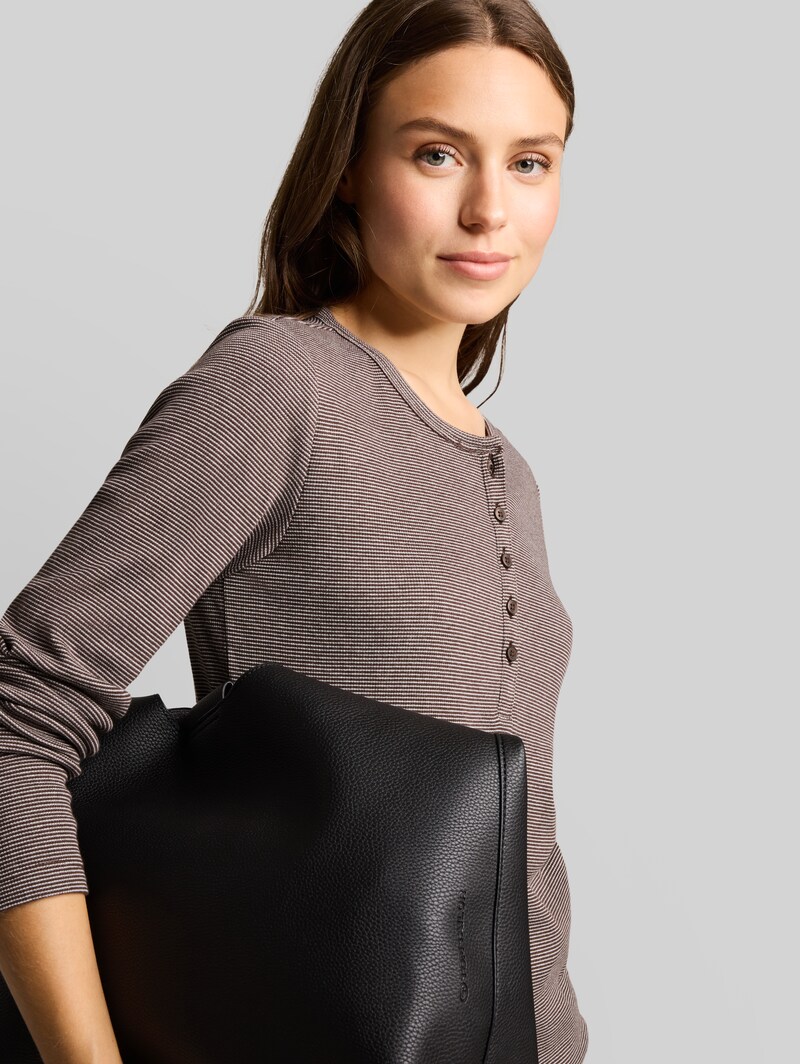Tom Tailor Henley Langarmshirt mit Rippstruktur - Java Brown Offwhite Stripe